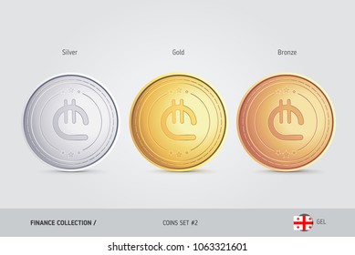 Golden, Silver and Bronze coins. Realistic metallic Georgian Lari coins set. Isolated objects on background. Finance concept for websites, web design, mobile app, infographics.