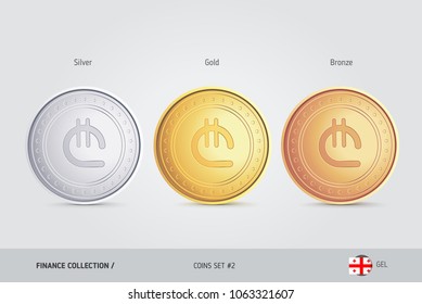 Golden, Silver and Bronze coins. Realistic metallic Georgian Lari coins set. Isolated objects on background. Finance concept for websites, web design, mobile app, infographics.