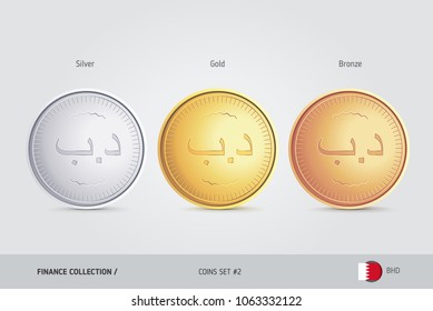 Golden, Silver and Bronze coins. Realistic metallic Bahraini Dinar coins set. Isolated objects on background. Finance concept for websites, web design, mobile app, infographics.