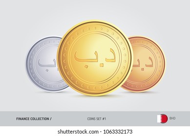 Golden, Silver and Bronze coins. Realistic metallic Bahraini Dinar coins set. Isolated objects on background. Finance concept for websites, web design, mobile app, infographics.