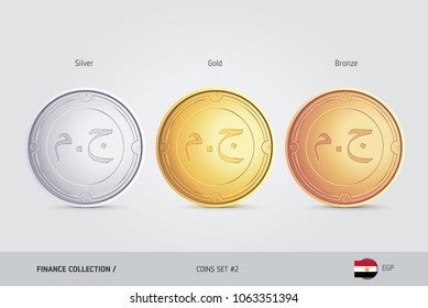 Golden, Silver and Bronze coins. Realistic metallic Egyptian Pound coins set. Isolated objects on background. Finance concept for websites, web design, mobile app, infographics.