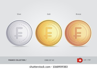 Golden, Silver and Bronze coins. Realistic metallic Swiss Franc coins set. Isolated objects on background. Finance concept for websites, web design, mobile app, infographics.