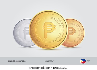 Golden, Silver and Bronze coins. Realistic metallic Philippine Peso coins set. Isolated objects on background. Finance concept for websites, web design, mobile app, infographics.