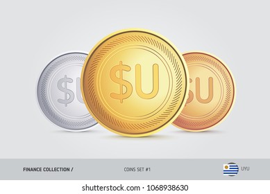 Golden, Silver and Bronze coins. Realistic metallic Uruguayan Peso coins set. Isolated objects on background. Finance concept for websites, web design, mobile app, infographics.