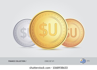 Golden, Silver and Bronze coins. Realistic metallic Uruguayan Peso coins set. Isolated objects on background. Finance concept for websites, web design, mobile app, infographics.