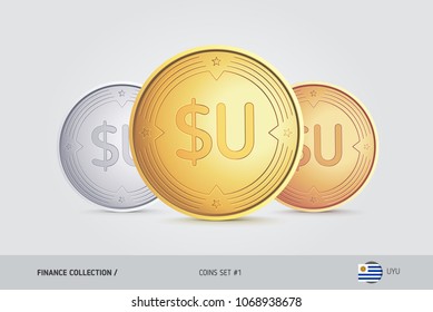 Golden, Silver and Bronze coins. Realistic metallic Uruguayan Peso coins set. Isolated objects on background. Finance concept for websites, web design, mobile app, infographics.