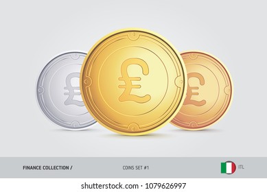Golden, Silver and Bronze coins. Realistic metallic Italian Lira coins set. Isolated objects on background. Finance concept for websites, web design, mobile app, infographics.