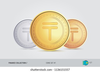 Golden, Silver and Bronze coins. Realistic metallic Kazakhstani tenge coins set. Isolated objects on background. Finance concept for websites, web design, mobile app, infographics.