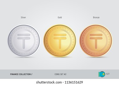 Golden, Silver and Bronze coins. Realistic metallic Kazakhstani tenge coins set. Isolated objects on background. Finance concept for websites, web design, mobile app, infographics.