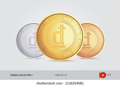 Golden, Silver and Bronze coins. Realistic metallic Vietnamese Dong coins set. Isolated objects on background. Finance concept for websites, web design, mobile app, infographics.