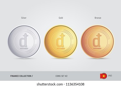 Golden, Silver and Bronze coins. Realistic metallic Vietnamese Dong coins set. Isolated objects on background. Finance concept for websites, web design, mobile app, infographics.