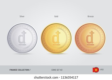 Golden, Silver and Bronze coins. Realistic metallic Vietnamese Dong coins set. Isolated objects on background. Finance concept for websites, web design, mobile app, infographics.