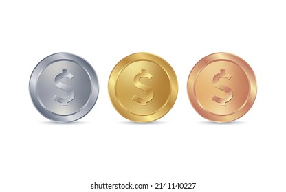 Golden, Silver and Bronze coins. Realistic metallic USA Currency Sign. Flat 3D Design Coins. EPS10 vector finance design.