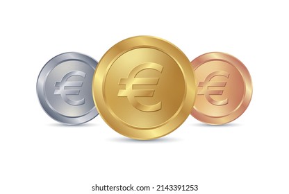 Golden, Silver and Bronze coins. Realistic metallic Euro coins set. EUR Currency Sign. Flat 3D Design Coins. EPS10 vector finance design.