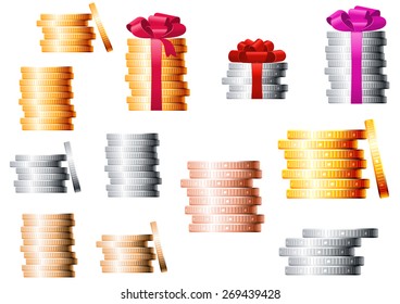Golden, silver and bronze coins stacks, several of piles tied a red ribbons with lush bows on the top