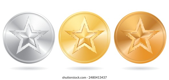 golden, silver and bronze coins with stars, vector illustration