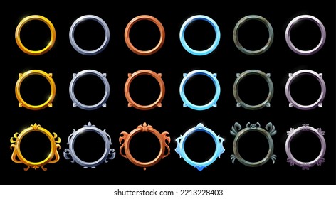 Golden, silver, bronze, copper and rusty metal avatar frames, vector game assets. Rusty metal circle frames and gold rings, GUI or game UI elements and arcade game circle box borders or menu buttons