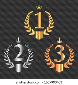 Golden, silver and bronze crowns, laurel wreaths,  with place for text and first, second and third place signs, symbol set.  Winner podium symbols on dark background. Vector illustration.