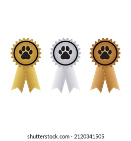 Golden, silver and bronze dog award ribbon with dog paw