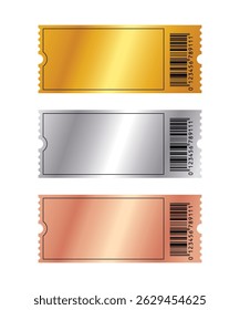 Golden, silver, bronze empty tickets set. Coupon, sticker, discount tag mockups isolated on white background. Cinema, theater, concert, party, event entrance templates. Realistic vector illustration.