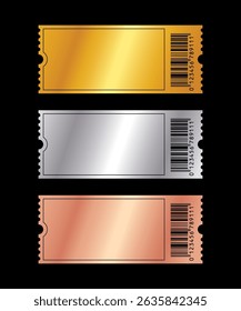Golden, silver, bronze empty tickets set. Coupon, sticker, discount tag mockups isolated on black background. Cinema, theater, concert, party, event entrance templates. Realistic vector illustration.
