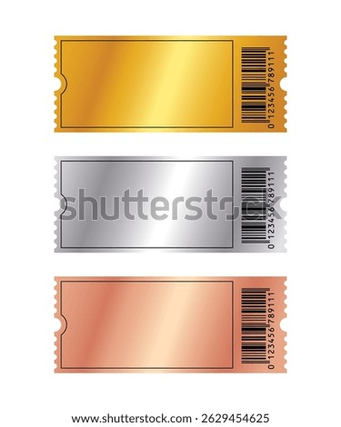 Golden, silver, bronze empty tickets set. Coupon, sticker, discount tag mockups isolated on white background. Cinema, theater, concert, party, event entrance templates. Realistic vector illustration.