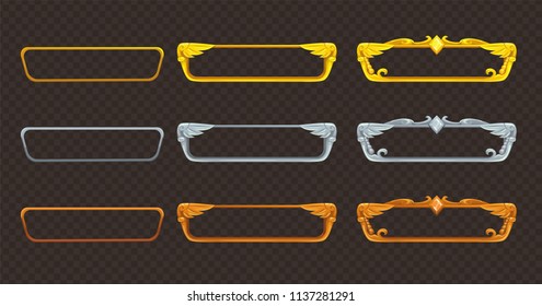 Golden, silver and bronze frames set. Vector assets for web or game design.