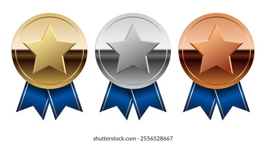 Golden silver and bronze glossy mirror medal with blue ribbons and star for sport and games