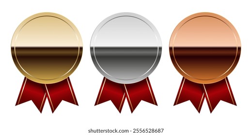 Golden silver and bronze glossy mirror medal with red ribbons for sport and games