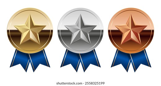 Golden silver and bronze glossy mirror medal with blue ribbons and star for sport and games