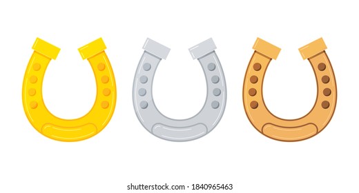 Golden, silver, bronze horseshoe icon vector set for good luck isolated on white background. Horseshoe sign collection. Flat cartoon style illustration. Lucky St. Patrick's day symbol.