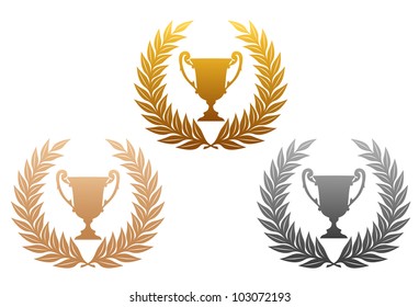 Golden, silver and bronze laurel wreaths with trophy for sports design, such logo. Jpeg version also available in gallery