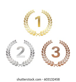 Golden, silver and bronze Laurel Wreaths. Awards for winners. Honoring champions. Signs for 1st, 2nd and 3rd places. Trophy for challenge. Vector illustration for posters, flyers, decoration.