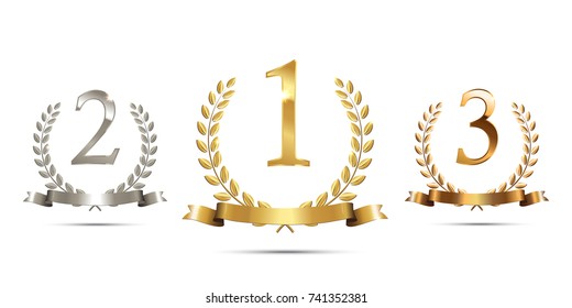 Golden, silver and bronze laurel wreaths with ribbons and first, second and third place signs isolated on white background. Winner podium sports symbols. Vector illustration.