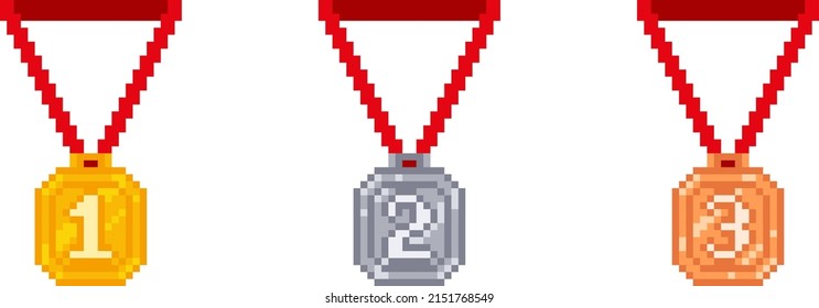 Golden, silver and bronze medal 8-bit graphic icons. Vector illustration.