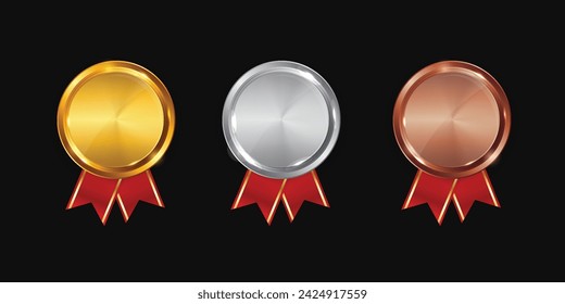  Golden silver bronze medal with red ribbon. Champion winner awards of honor vector isolated template. Illustration of championship trophy, champion medal of set