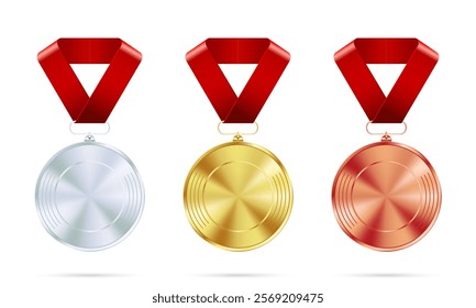 Golden silver bronze medal with red ribbon. Sports medals. Champion winner awards. vector illustration