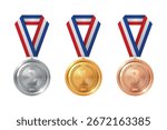 Golden, Silver, Bronze Medal Set Realistic Vector Icons with Blue, White and Red Ribbon. Winner Award, Achievement Badge, Prize Ceremony, Sport Competition Trophy, Champion Symbol Isolated on White