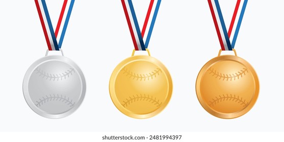 golden, silver and bronze medallions with baseball ball, vector illustration