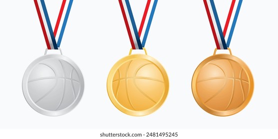 golden, silver and bronze medallions with basket ball, vector illustration