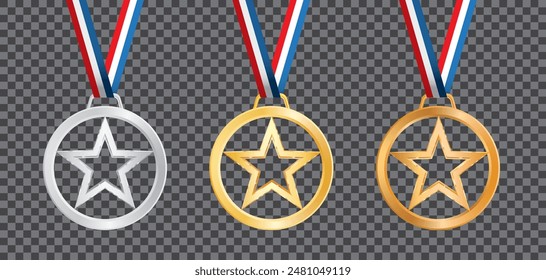 medallones de oro, plata y bronce con estrellas, Ilustración vectorial