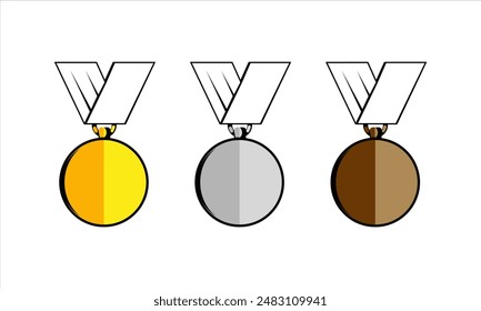 Golden, silver, bronze medals color icon. Award, winner, recognition symbol isolated on white background. First, second and third place. Competition. For: illustration, logo, site. Vector EPS 10