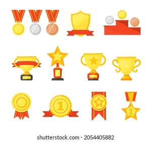 Golden, silver, bronze medals, cups and badges vector cartoon set. Winners trophies awards collection on white studio background. Championship, triumph, goal achievement concept. Prize design element.