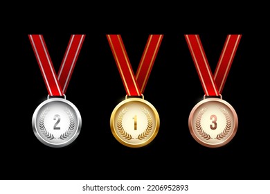 Golden, silver and bronze medals hanging on red ribbons isolated on black background. Vector sports illustration