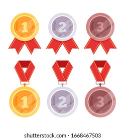 Golden, silver, bronze medals isolated set collection. Vector flat graphic design cartoon illustration