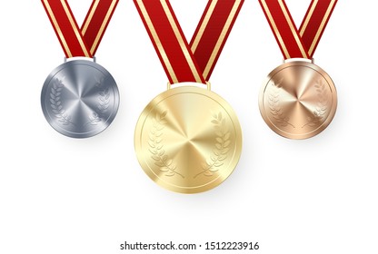 Golden Silver and Bronze medals with laurel hanging on red ribbon. Award symbol of victory and success. Vector illustration