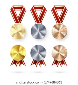 Golden Silver and Bronze medals with laurel hanging on red ribbon. Award symbol of victory and success. medals set. vector illustration