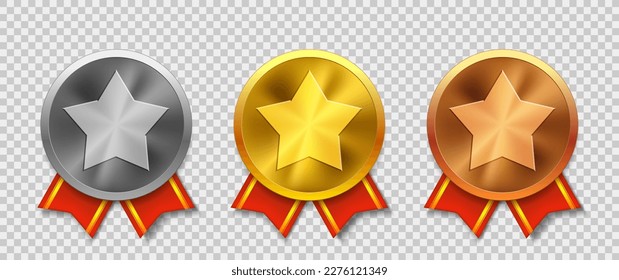 Golden silver and bronze medals with red ribbons. Template isolated on a transparent background. Vector mockup.