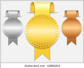 Golden, silver and bronze medals with ribbons, vector eps10 illustration