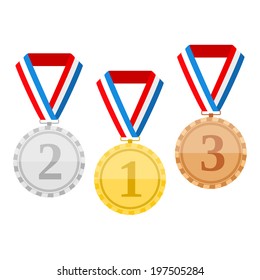 Golden silver and bronze medals with ribbons, vector eps10 illustration